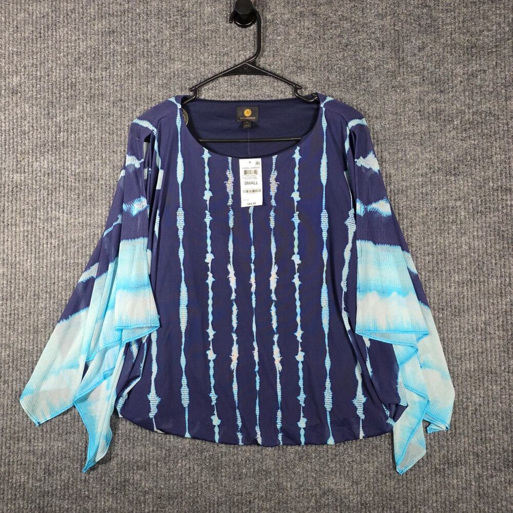 JM Collection Tie Dye Blouse Blue Sheer Sleeve Boho Top Small NWT